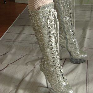 NIB NWOT Pleaser Knee Hi Delight 2020 Silver Glitter Boot Lace Up Inner Zip SZ 8